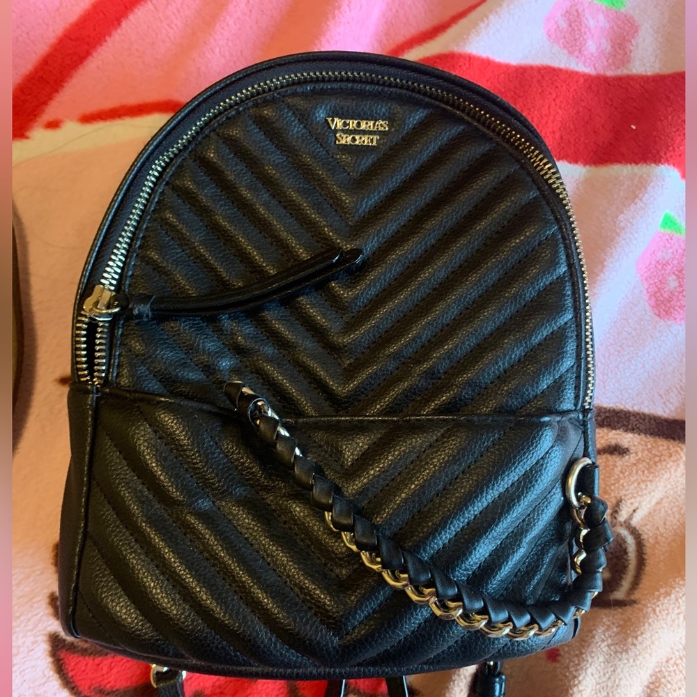 Victoria’s Secret black backpack purse, gold chain detail, adjustable straps